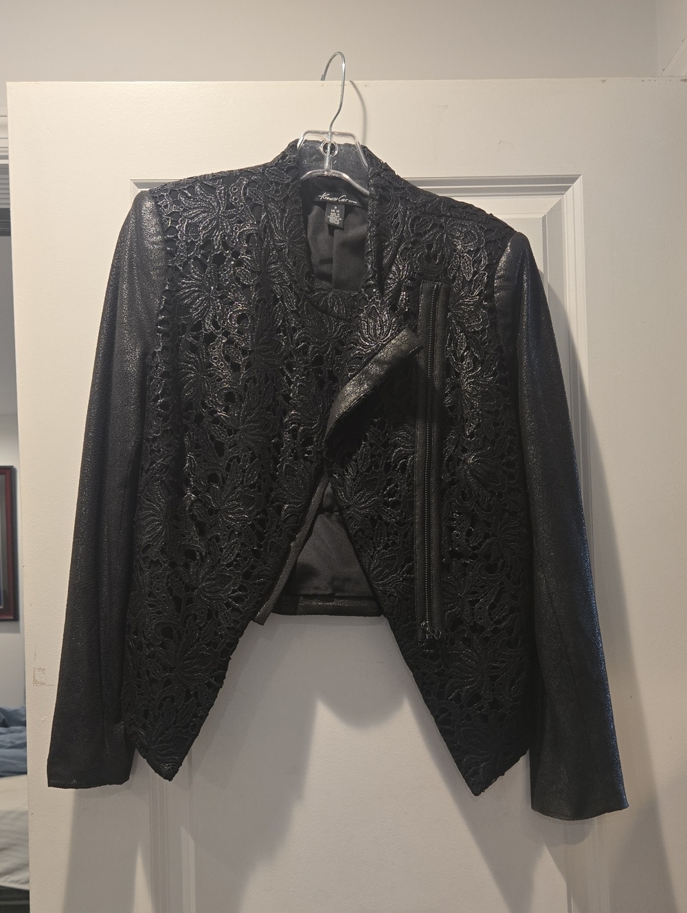 Kenneth Cole New York Black Lace-Front Faux Leather Jacket